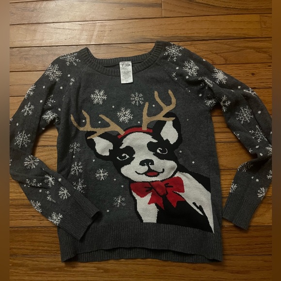 Christmas Sweater Girls Size 7/8 Cold Crush Snowflake Holiday Pug with Antlers - Picture 6 of 7